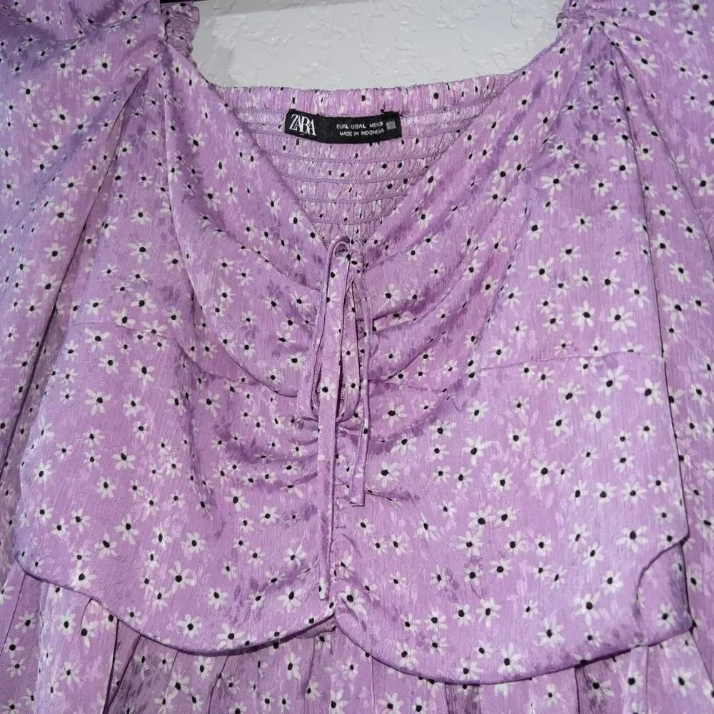New Zara Purple Daisy Floral Long‎ Sleeve Crop Top Size Large